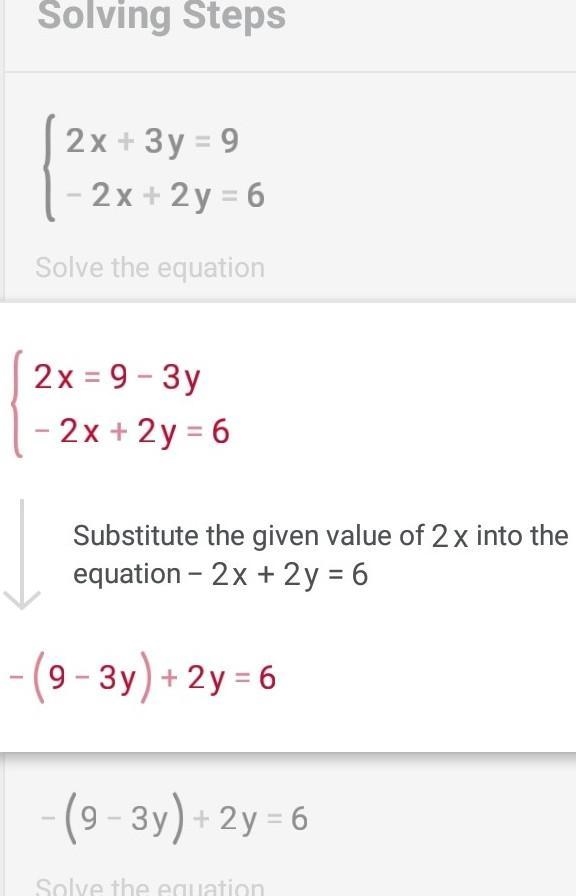 2x + 3y = 9 -2x + 2y = 6 The y-coordinate of the solution to the system shown is _____.-example-2