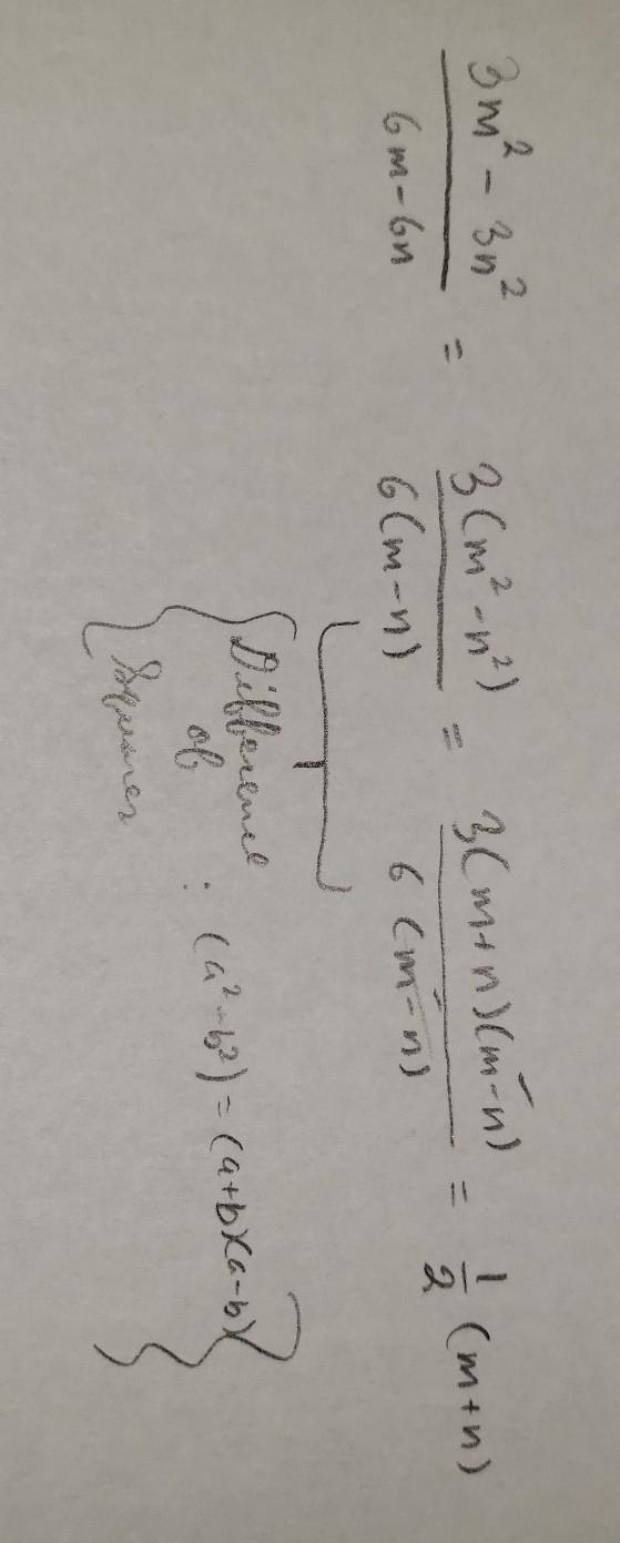 Reduce to lowest terms. 3m^2-3n^2/6m-6n A) -m-n/2 B) m-n/2 C) m+n/2-example-1