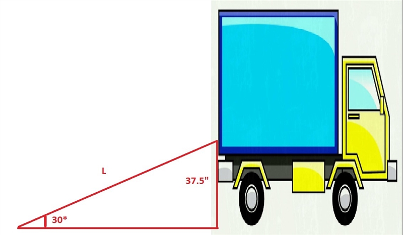 Steel loading ramps are used to load a lawn mower onto a truck bed 37.5 inches above-example-1