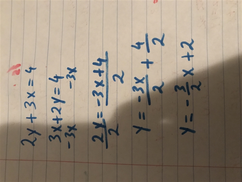 Rewrite the equation 2y+3x=4 in slope-intercept form. then find the slope and y-intercept-example-1