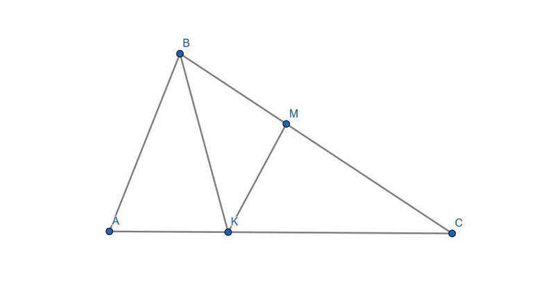 A line segment BK is an angle bisector of ΔABC. A line KM intersects side BC such-example-1