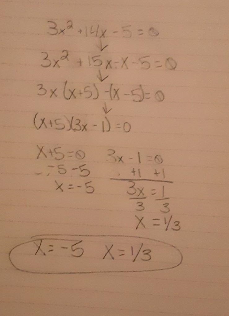 I need to know the steps to solving 3x^2 + 14x - 5 = 0-example-1