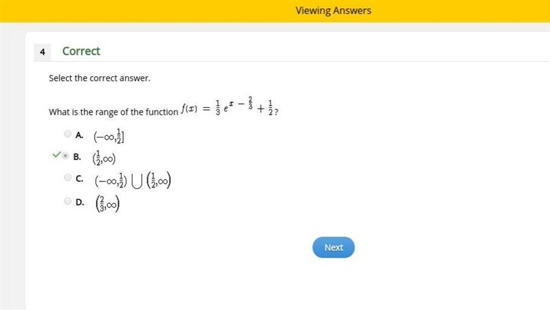 What is the range of the function f(x) = 1/3e^x - 2/3 + 1/2?-example-1