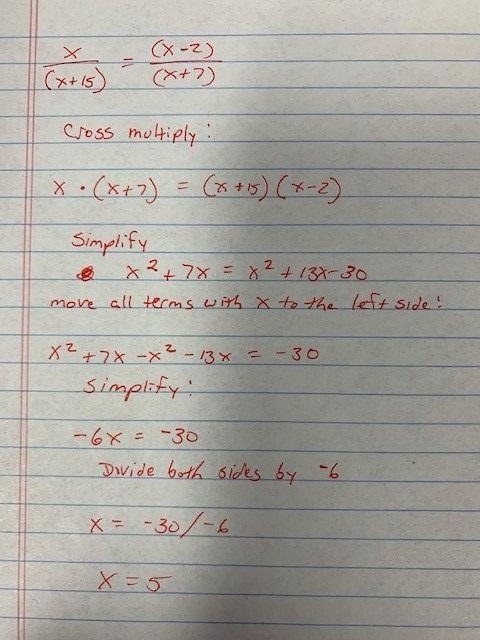 X÷(x+15)=x-2÷(x+7) How to solve for x?​-example-1