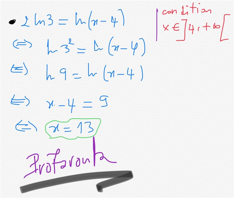 Solve: 2 In 3 = In(x-4) x= 9 x = 10 x = 13 DONE-example-1