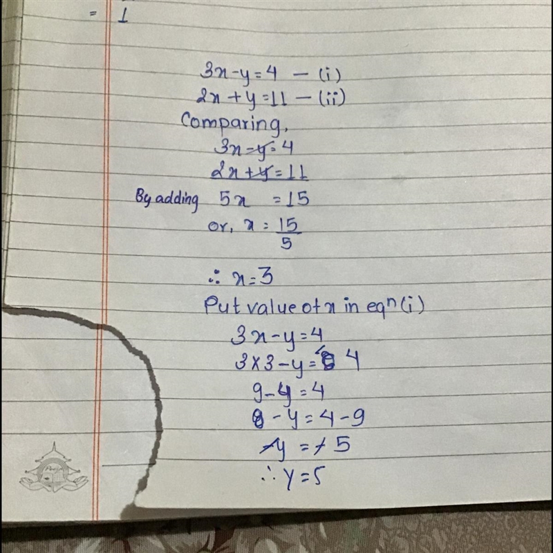 Solve this system of equations using any method. 3x - y = 4 2x + y = 11​-example-1