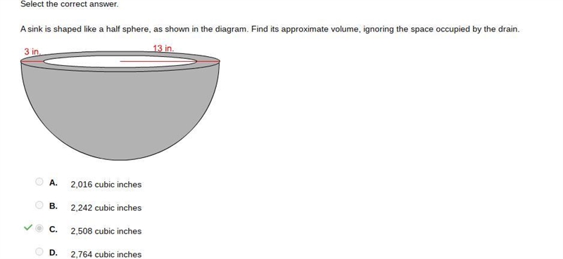 A sink is shaped like a half sphere,as shown in the diagram. Find it’s approximate-example-1