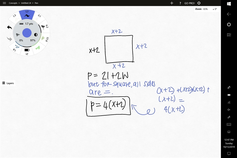 The measure of one side of a square is (x+2) inches long. Write two expressions that-example-1