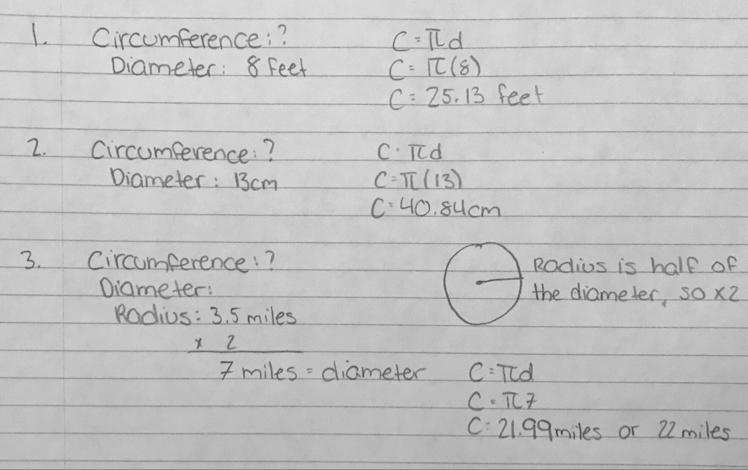 1. The circumference of a circle with diameter of 8 feet is ____? 2. The circumference-example-1