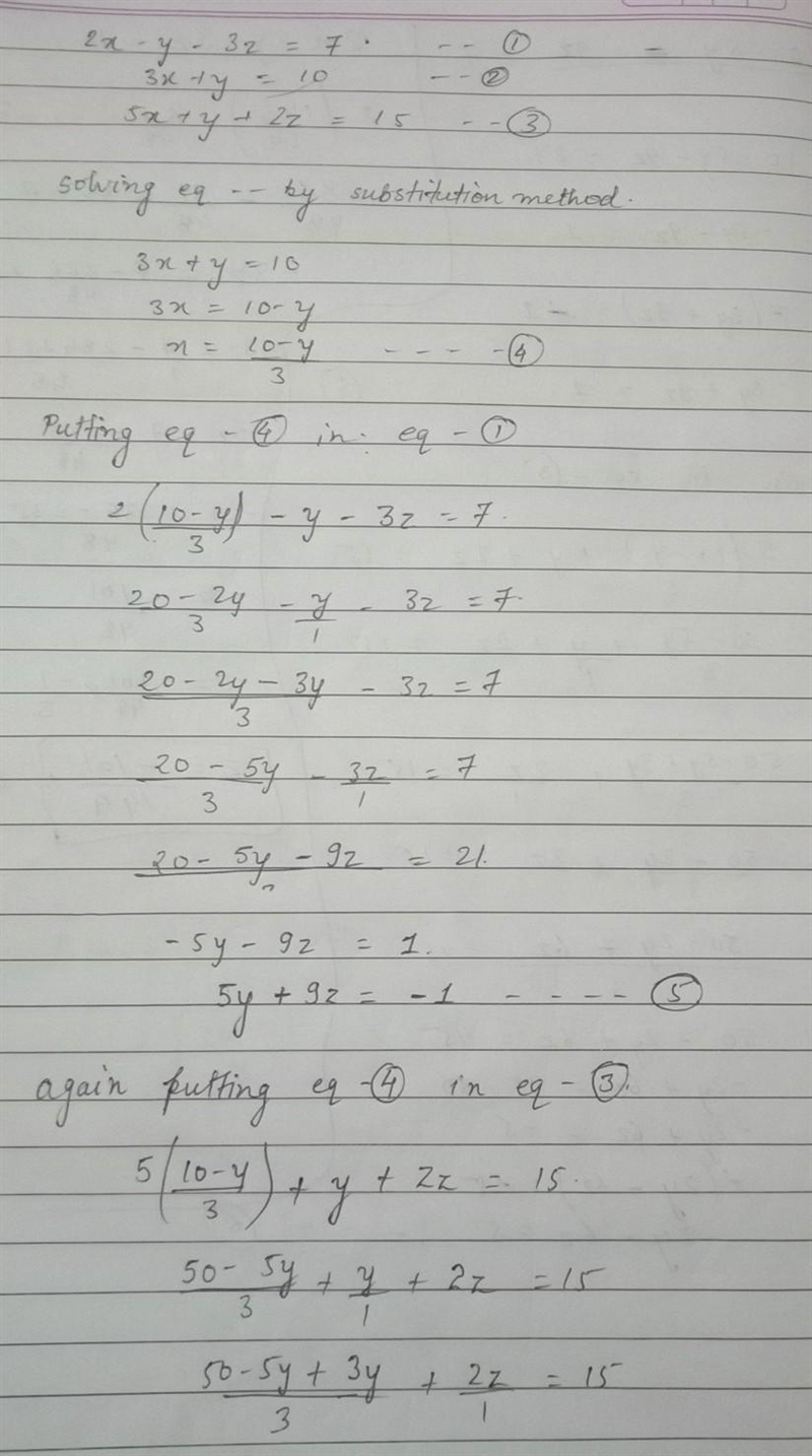 2x-y-3z=7, 3x+y+=10, 5x+y+2z=15-example-1