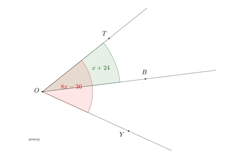 In the figure, ray OB bisects ∠TOY. If m∠TOY = 8x - 36 and m∠TOB = x + 24, what is-example-1