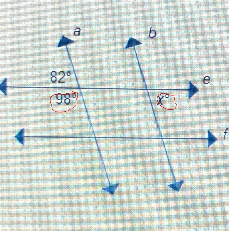 Lines a and b are parallel and lines e and f are parallel. What is the value of x-example-1