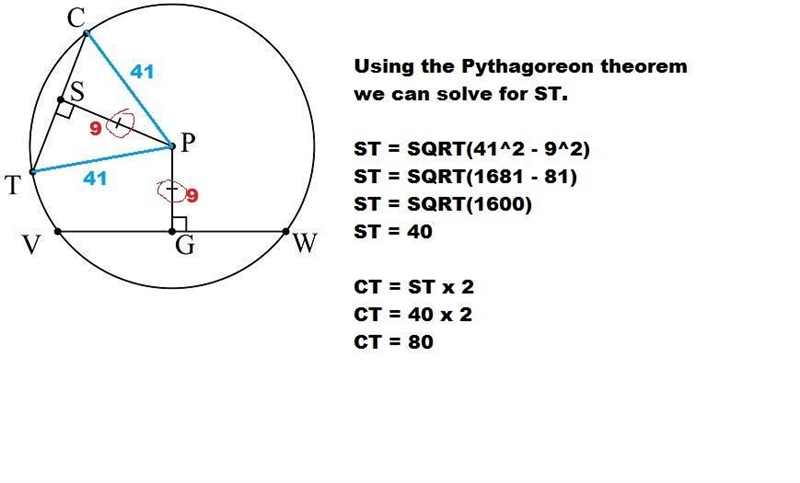 PG¯¯¯¯¯¯¯¯=9 in. The radius of the circle is 41 inches. Find the length of CT¯¯¯¯¯¯¯. A-example-1