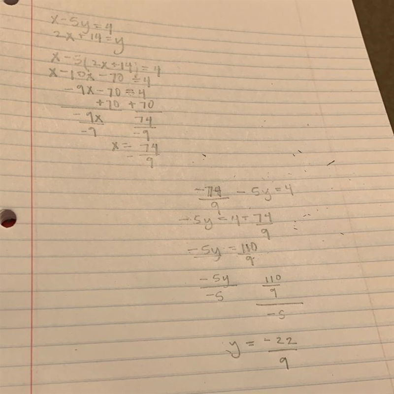 7. x – 5y = 4 2x + 14 = y​-example-1