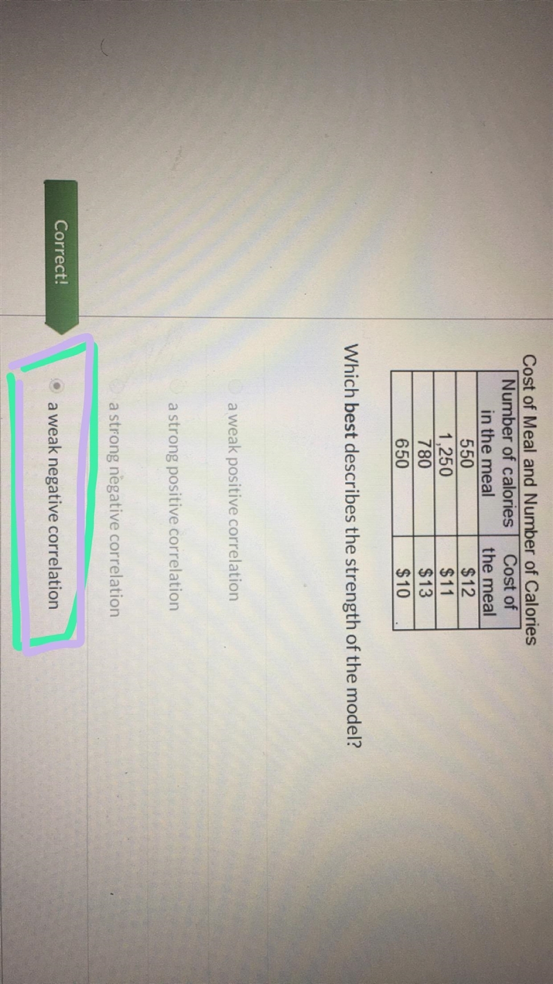 The table shows the number of calories in for males in the cost of each meal which-example-1