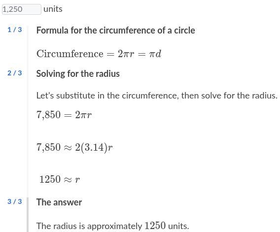 A circle has a circumference of 7,850 units. What is the radius of the circle-example-1