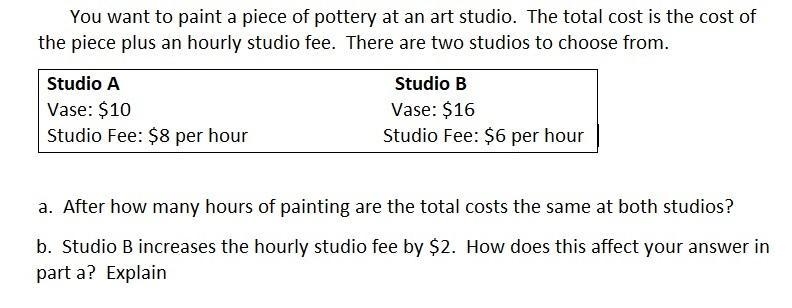 You want to paint a piece of pottery at an art studio.The total cost is the cost of-example-1