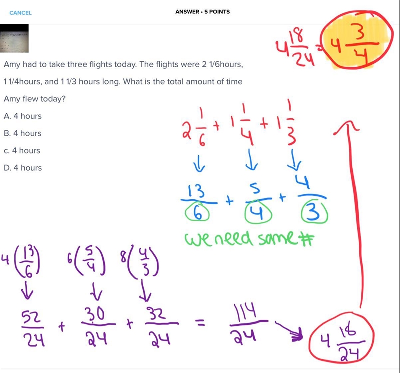 Amy had to take three flights today. The flights were 2 1/6hours, 1 1/4hours, and-example-1