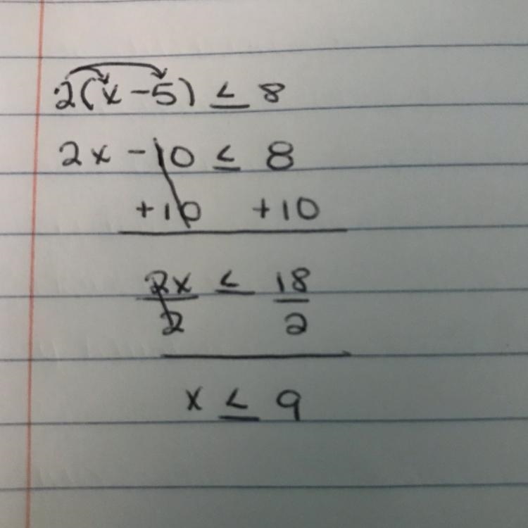 Solve for x 2(x-5)≤8​-example-1