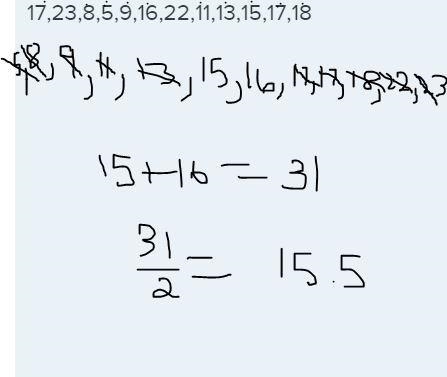 What is the median of 17,23,8,5,9,16,22,11,13,15,17,18-example-1