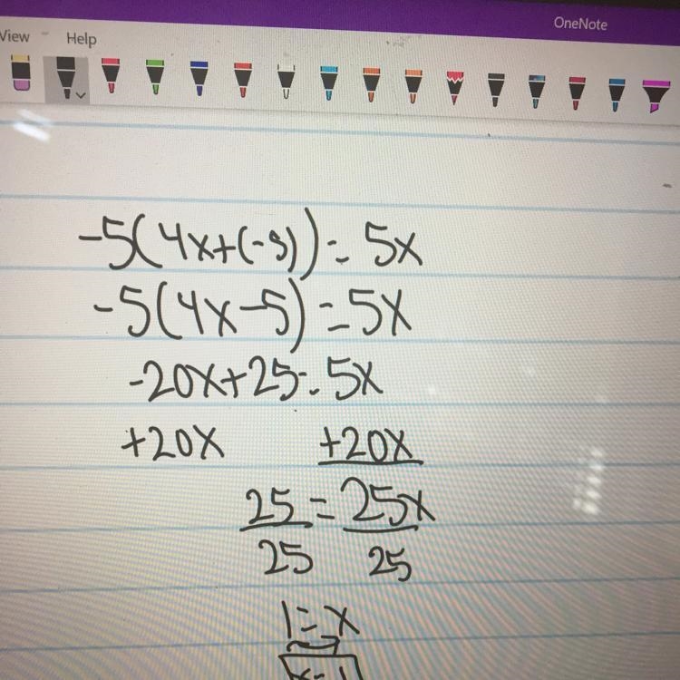 -5 ( 4 x + -5 ) = 5 x-example-1