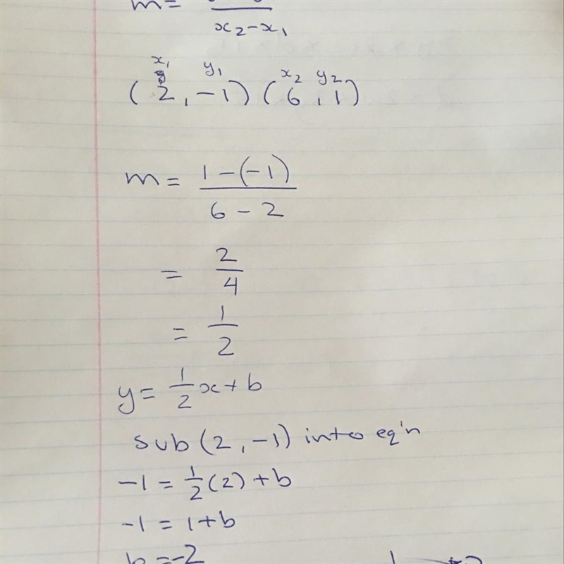 What is the equation of the line that passes through the points (2,-1) and (6,1)?-example-1