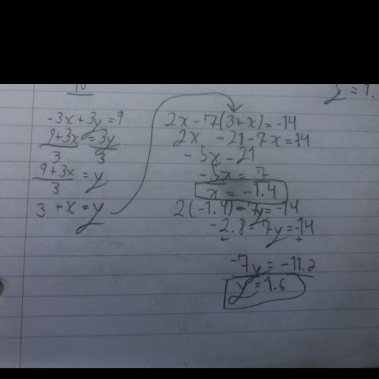 -3x+3y=9 2x−7y=−14 ​-example-1