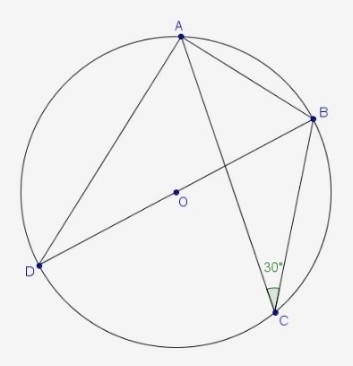 BD is a diameter of circle O. If m∠ACB = 30°, what is m∠DBA?-example-1