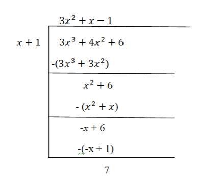 What is the result when 3x3 + 4x2 + 6 is divided by x + 1? If there is a remainder-example-1