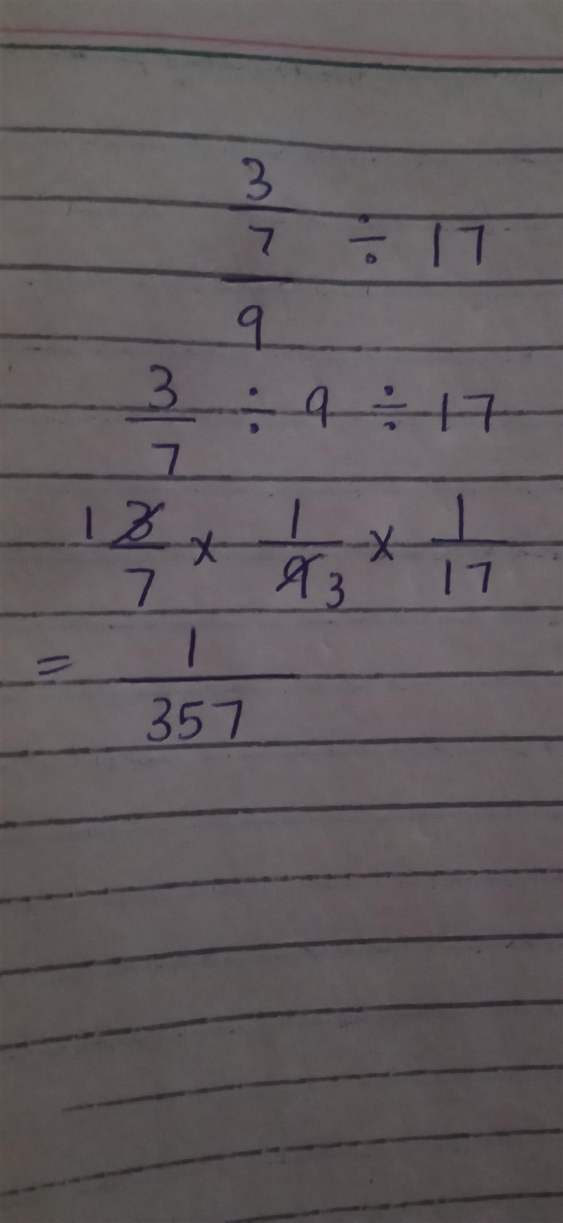 Divide and reduce your answer to lowest terms. 3/7/9 divide 17-example-1