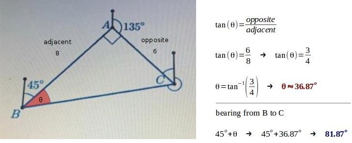 A, B, and C are the locations of three support posts. The bearing from post B to post-example-1