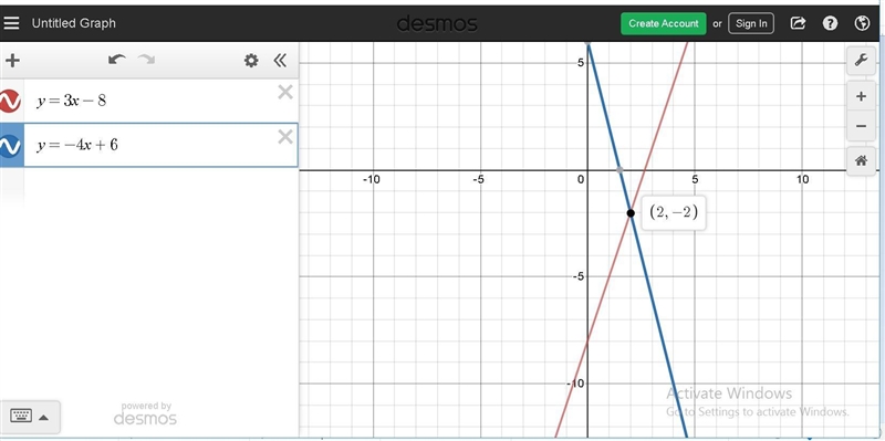 Using graph paper or the GeoGebra graphing tool, graph the system: y=3x−8y=−4x+6 What-example-1