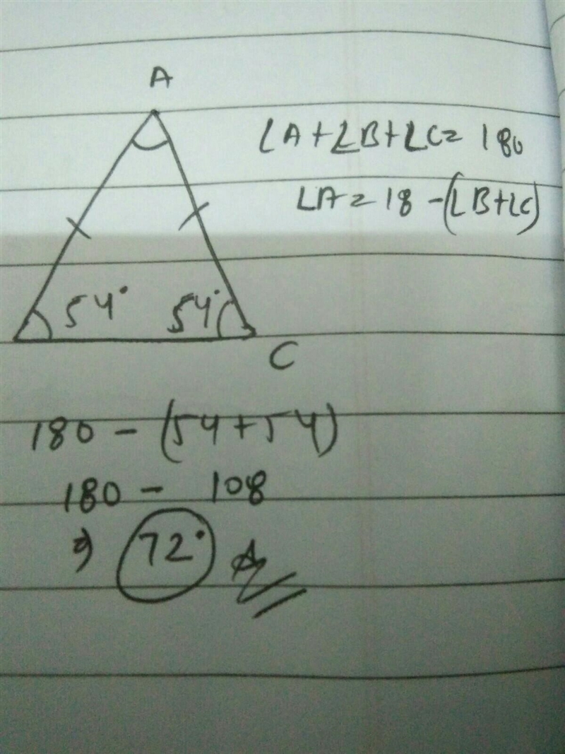 The base angle of an isosceles triangle measures 54°. What is the measure of its vertex-example-1