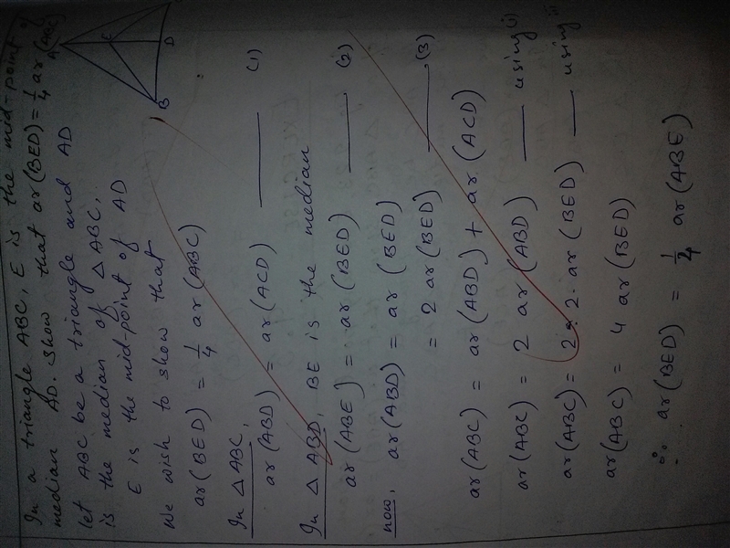 E is the mid point of the median AD of a triangle ABC. show that ar(triangle ABE) = 1/4 ar-example-1