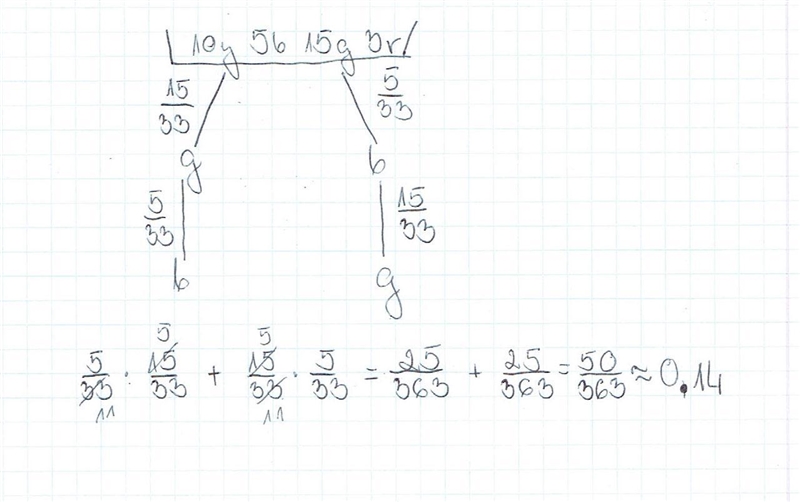 What is the probability of drawing a green and blue marble from a bag containing 10 yellow-example-1