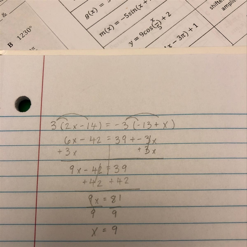 Find the value of x 3(2x - 14) = -3 (-13 + x)-example-1