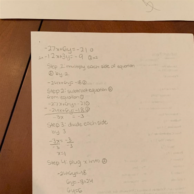 Solve the following system using the addition method: -27x + 6y = -21 -12x +3y = -9 (3 points-example-1