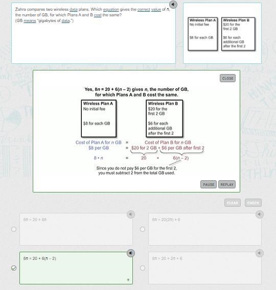 Zahra compares two wireless data plans Which equation gives the correct value of n-example-1