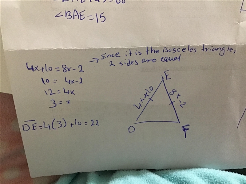 Isosceles triangle DEF has base angles D and F. If DE = (4x + 10) and EF = (8x – 2), what-example-1