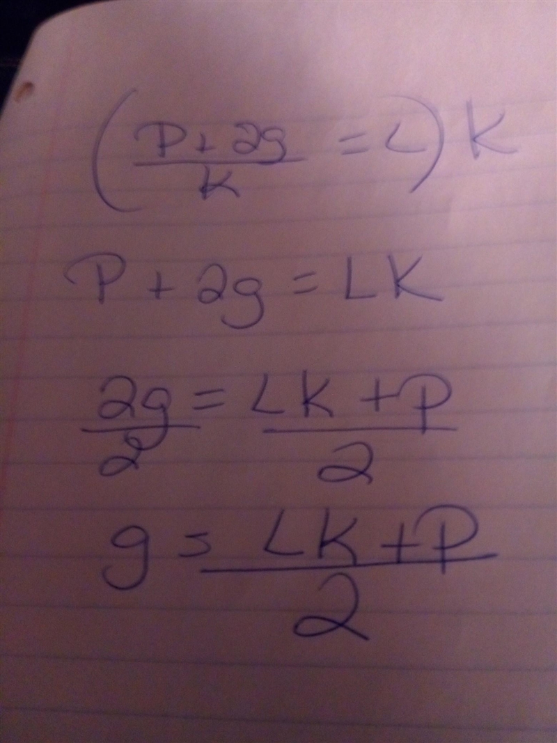 Solve for g: L= p+2g/K-example-1