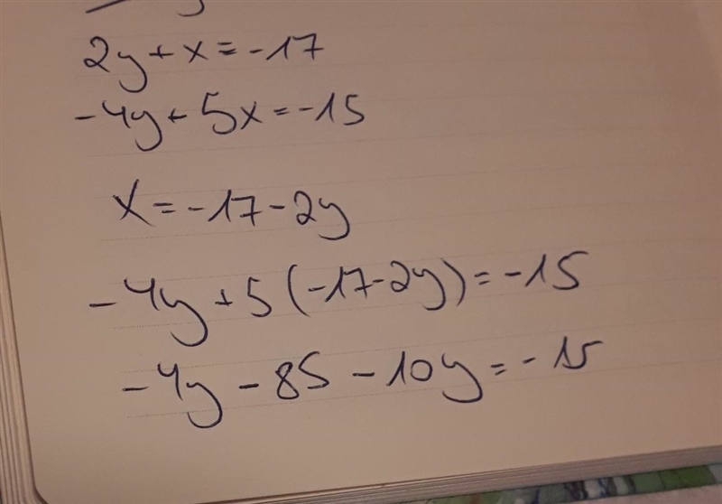 What is the solution (x, y) to the system of equations shown? 2y + x = −17 5x − 4y-example-1