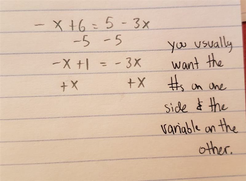 If the first step in the solution of the equation -x + 6 = 5 - 3x is "subtract-example-1