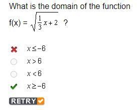 What is the domain of the function f(x)= square root of (1/3)x+2?-example-1