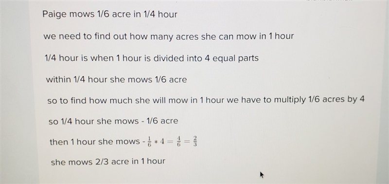 Shayla mows 1/6 acre in 1/4 hour how much many acres dose shayla mow per hour-example-1