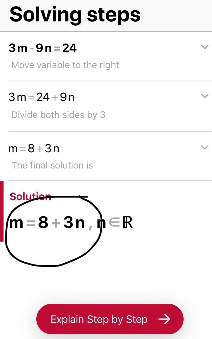 2. 3m - 9n = 24 solve for m ​-example-1