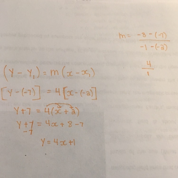 What is an equation of the line that passes through the points (−2,−7) and (−1,−3)? Put-example-1