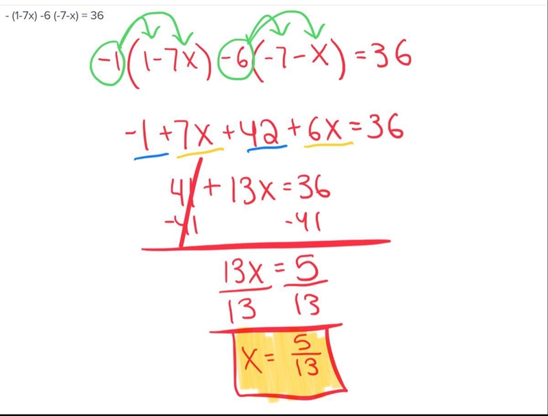 - (1-7x) -6 (-7-x) = 36-example-1