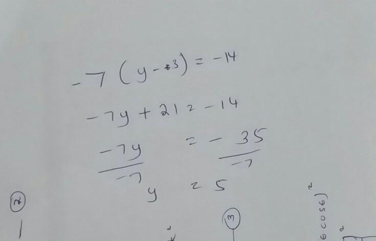 If -7(u-3)=-14 what is the value of y​-example-1