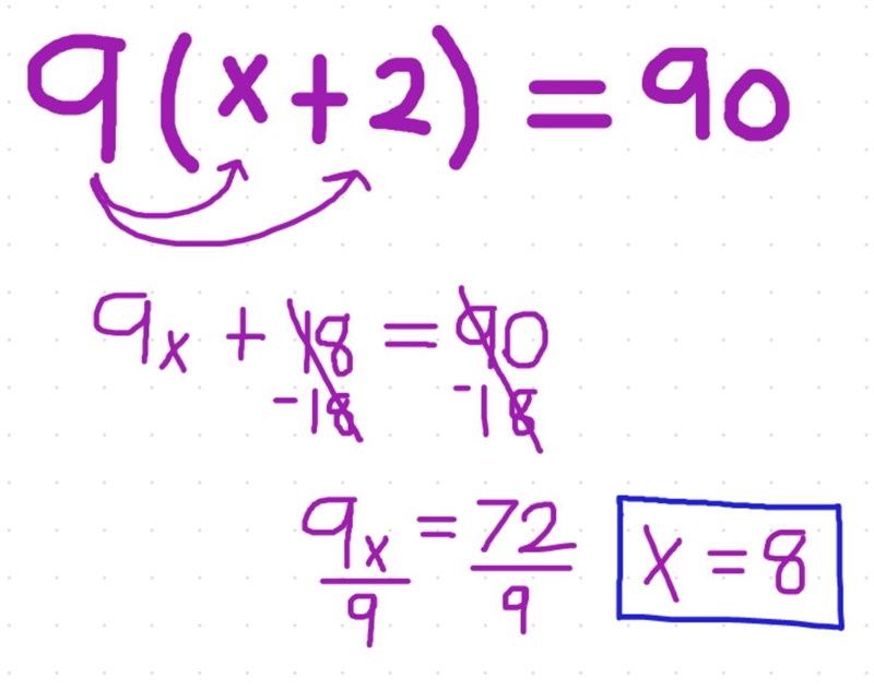 Correct first step to solving the equation 9(x+2)=90-example-1