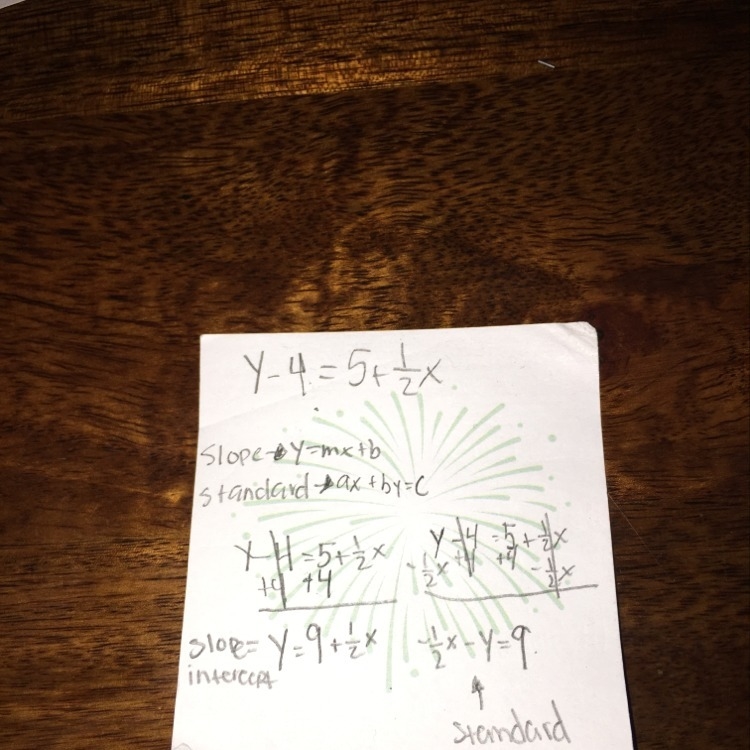 Convert the equation to slope-intercept form and standard form. y-4 = 5+ 1/2x-example-1